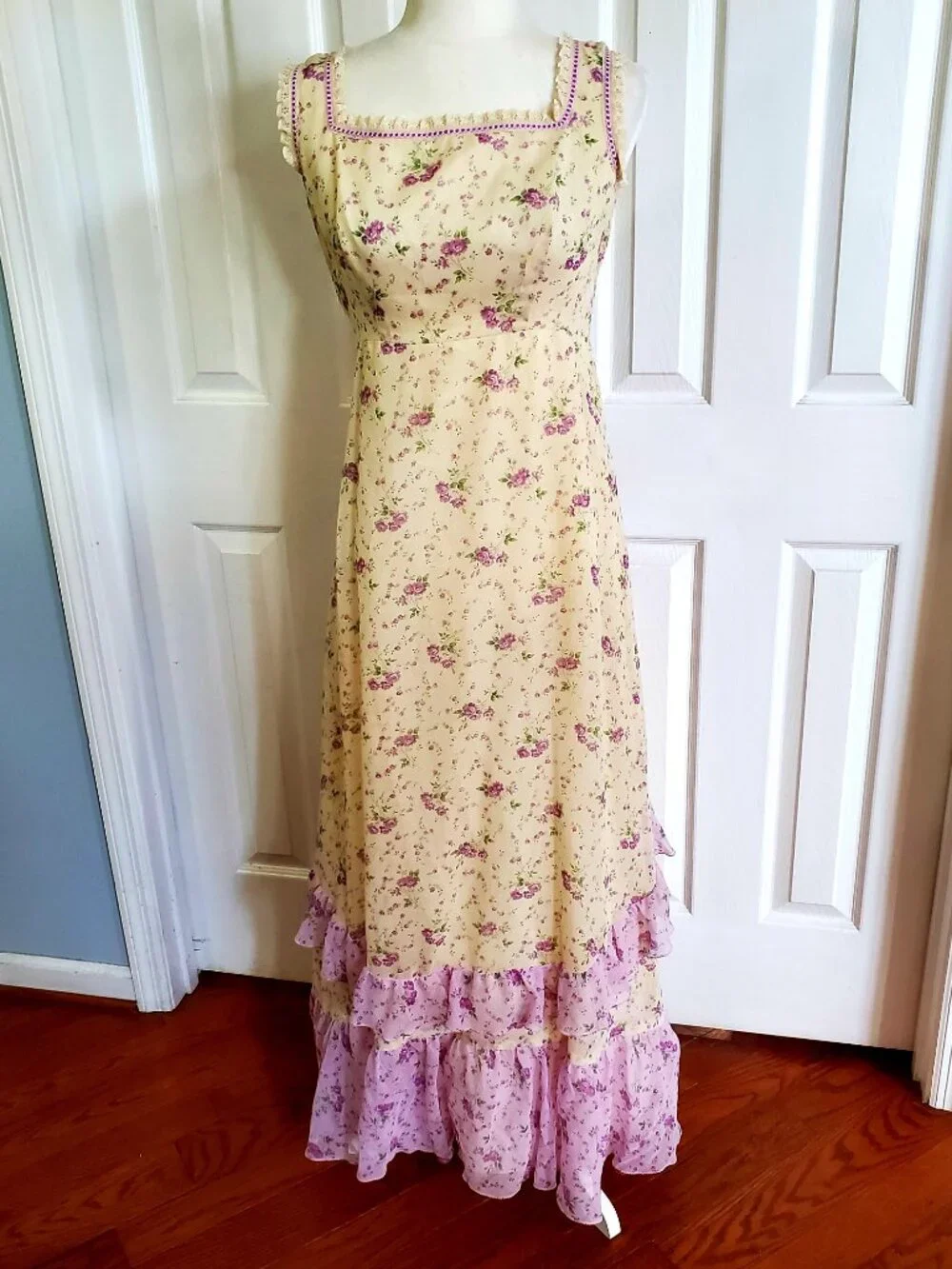 Vintage Floral Prairie Cottagecore Lace Coquette Maxi Dress Sabrina Ann 10